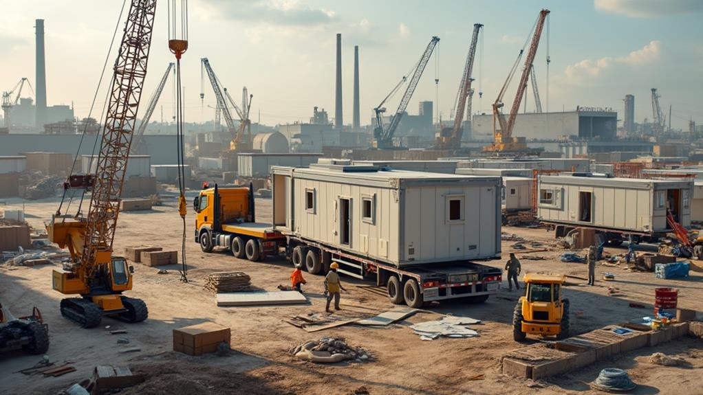 A construction site with modular buildings being transported by trucks.