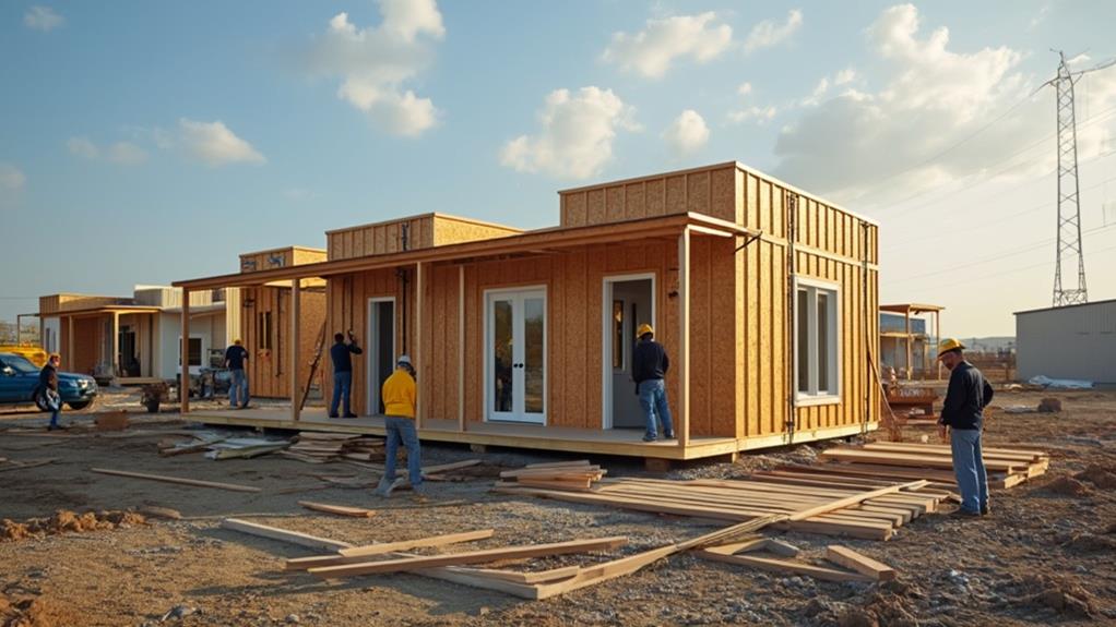 A construction site with modular buildings being transported by trucks.