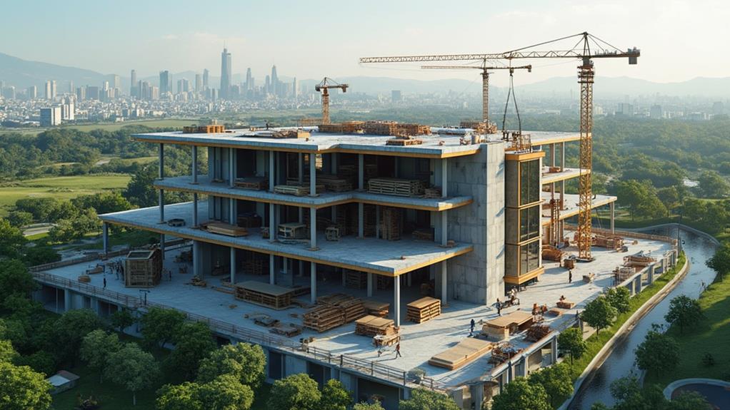 A large construction site with a prefabricated building under construction.