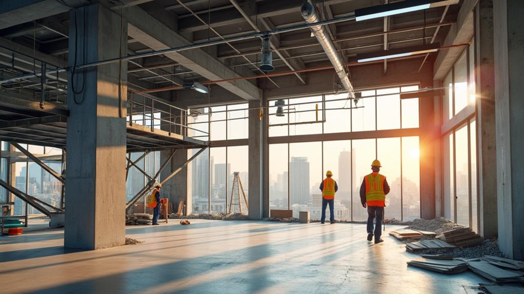 A large construction site with cranes and workers.