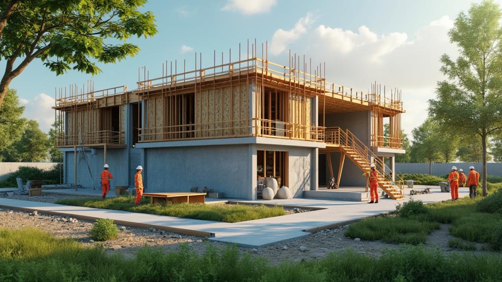 A house under construction with workers on site.