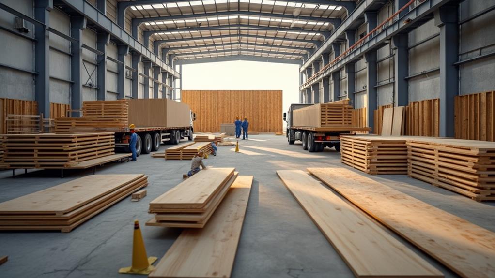 A large warehouse with stacked wooden beams and workers loading trucks.